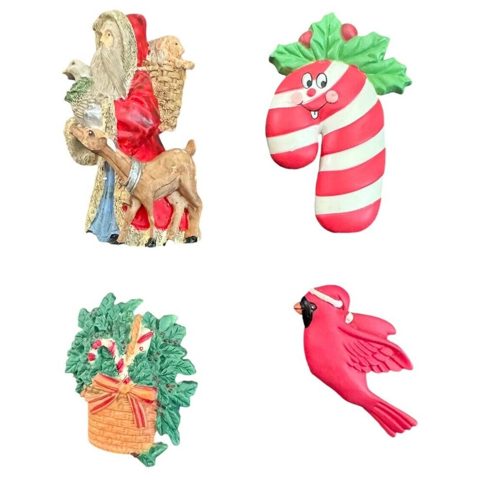 VTG Holiday Fridge Magnet Lot Candy Cane Cardinal Santa Avon Enesco Christmas